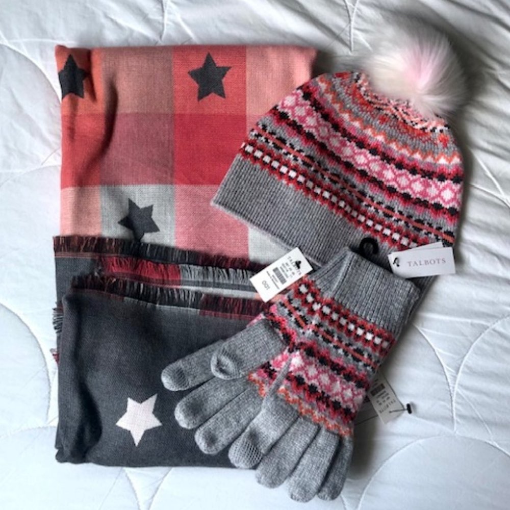 Talbots Fair Isle Beanie, Tech Gloves, Scarf Set NWT